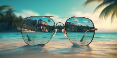 Sunglasses on a tropical beach and sea, Summer festive background. Generative AI