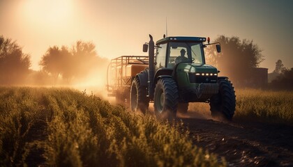 a tractor sprays pesticides on plantation field at sunset - obrazy, fototapety, plakaty