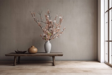 vase copy plaster wooden contemporary space wall interior home design table decor. Generative AI.