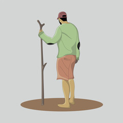 Flat design of standing boy wearing hat and holding wooden stick