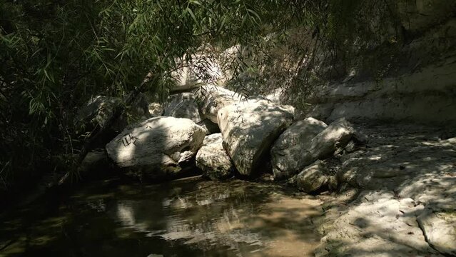 Beautiful view of woods in Lost Creek in Allen TX with river, rocks and light falling from trees