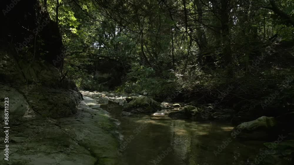 Poster beautiful view of woods in lost creek in allen tx with river, rocks and light falling from trees