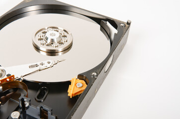 Close up of a hard drive from a computer. white background image
