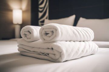 Obraz na płótnie Canvas Folded Fresh Guest Luxury Towels On Hotel Bed Generative AI