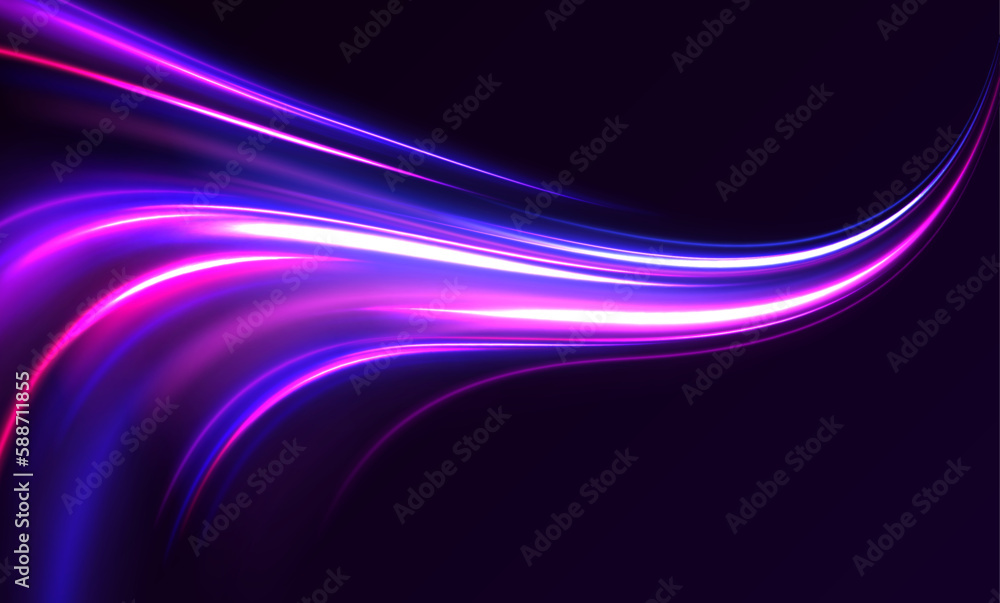 Poster dynamic composition of bright lines forming lights path of speed movement, futuristic dark backgroun