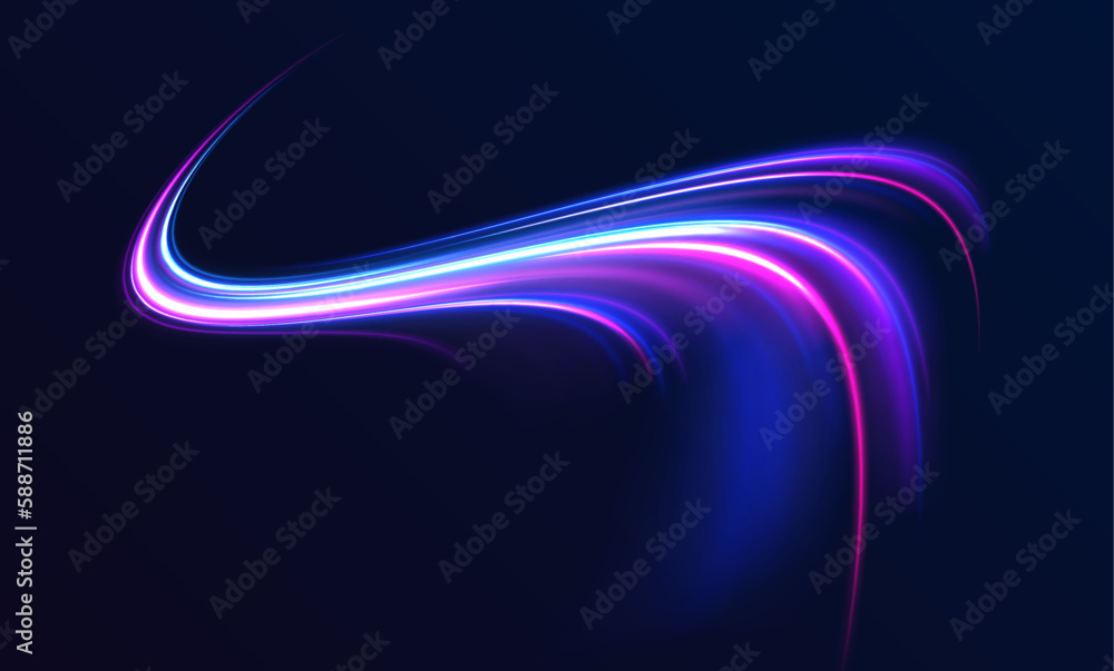 Poster dynamic composition of bright lines forming lights path of speed movement, futuristic dark backgroun