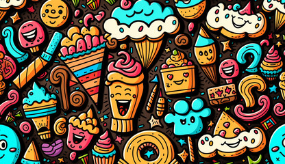 Obraz premium Cartoon cute doodles birthday seamless pattern Generative AI