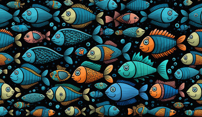 Cartoon cute doodles fish seamless pattern Generative AI