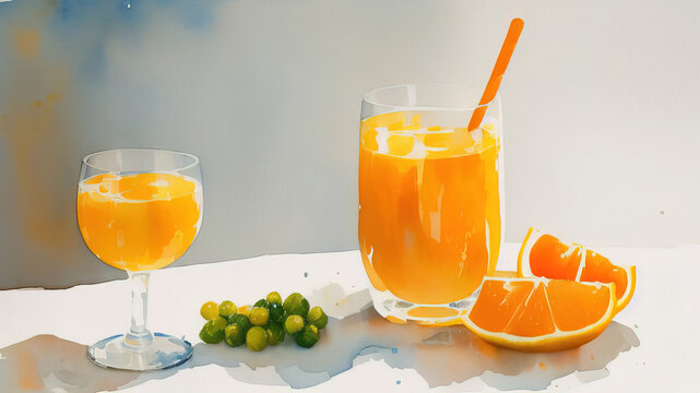 Watercolor still life of fresh oranges and juice on a white table. Generavive AI.