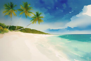 Fototapeta na wymiar Coconut palm on the shore of a tropical island, ocean, sand, Generative AI.