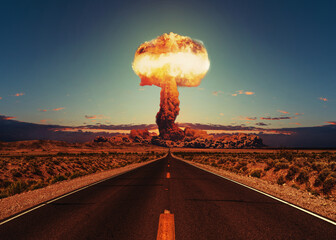 Asphalt road goes to a nuclear explosion. Terrible atomic explosion of a nuclear bomb with a...
