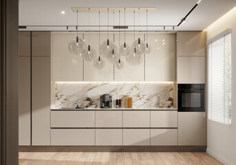 Modern kitchen interior design. Beige home kitchen with large glass chandelier. 3D Rendering, 3D Illustration