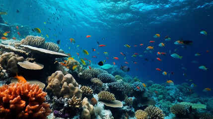 Fototapeta premium Under Water Scene With Coral Reef And Exotic, Fishes tropical And Sunshine ,Generative AI, illustration