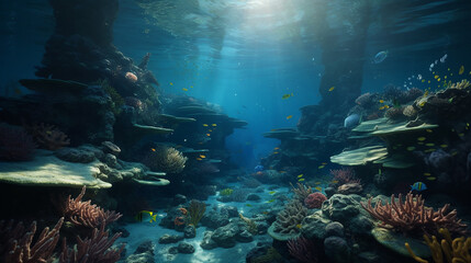 Under Water Scene With Coral Reef And Exotic, Fishes tropical And Sunshine ,Generative AI, illustration