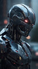 Robot portrait in the rain. Generative AI