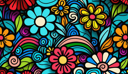 Fototapeta na wymiar Cartoon cute doodles flowers seamless pattern Generative AI