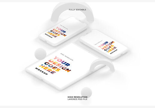 Isometric Closeup White Smartphones And Tablet with 3D Floating Geometry Objects
