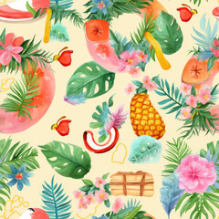 seamless pattern with fruits and berries, set of tropical fruits, gift wrap, background, seemless, tiled, AI generated