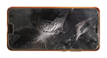 Smartphone with broken display isolated on white background.