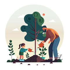 Young Man And His Daughter Character Watering Plants Together From Water Can On Sun Nature Background.
