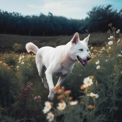 chien blanc qui cours dan sun champ fleuri 