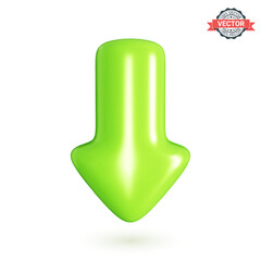Glossy green arrow icon pointing down. Realistic 3D vector graphics isolated on white background