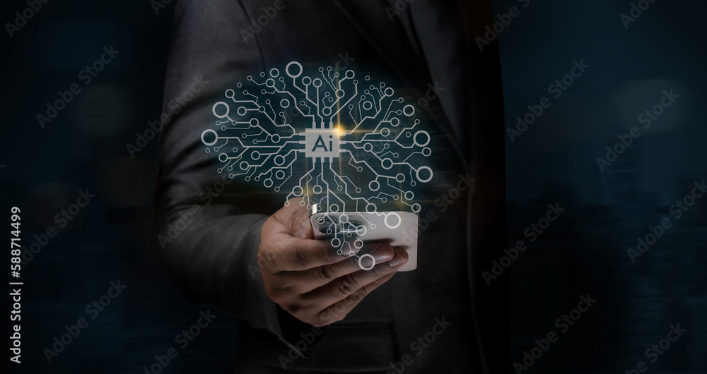 Poster artificial intelligence (ai) businessman hand working computer big data network connection internet 