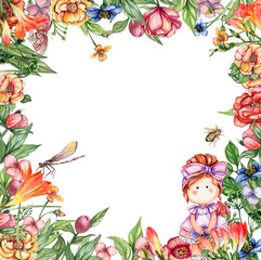 Fototapeta premium Watercolor square flower frame in cartoon style with a cute girl doll in a dress. Cartoon hand drawn background with flower princess and yellow flowers for kids design. Perfect for wedding invitation.