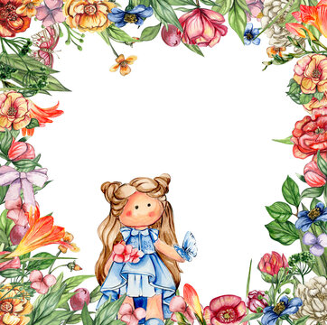 Watercolor square flower frame in cartoon style with a cute girl doll in a dress. Cartoon hand drawn background with flower princess and yellow flowers for kids design. Perfect for wedding invitation.