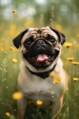 Fototapeta premium An adorable pug with a happy expression, discovering a wild meadow and its flowers. Capturing the spontaneity and playfulness of the moment. Created with generative A.I. technology.