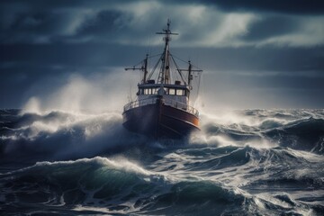 A dramatic photography of a fishing trawler battling through a violent storm on the high seas. Power and intensity of the waves crashing against the boat. Created with generative A.I. technology. - obrazy, fototapety, plakaty