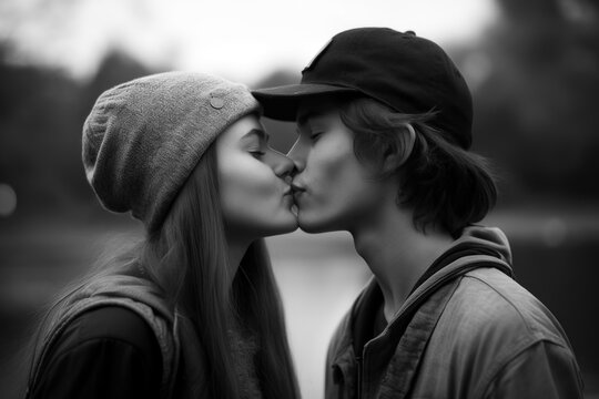 A poignant and magical moment between two young people as they discover their love for each other and share their first tender kiss. Created with generative A.I. technology.