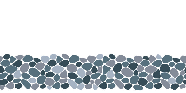 Pebble Seamless Backdrop Vector Illustration. Cobble Stones Border Frame. Doodle Sea Stones Repeated Background. Paving, Shingle Beaches Template Pattern For Interior Designs, Wrapping Paper Print.