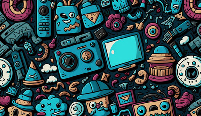 Obraz premium Cartoon cute doodles gadget seamless pattern Generative AI