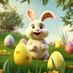 Easter bunny playing with eggs in a garden. Created using generative AI.