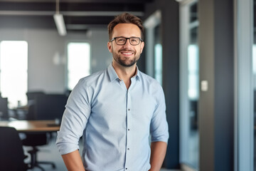 business man with shirt stands casually in modern glass office and smiles at camera - theme success, ERP, business or boss - Generative AI - obrazy, fototapety, plakaty