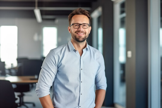 business man with shirt stands casually in modern glass office and smiles at camera - theme success, ERP, business or boss - Generative AI