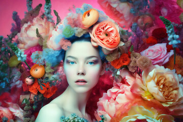 woman fashion summer peony spring bouquet style portrait flower beauty art. Generative AI.