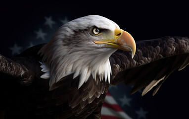 Obraz premium Angry North American bald eagle over American flag. Patriotic holiday celebrate 4th of July. Generative AI.