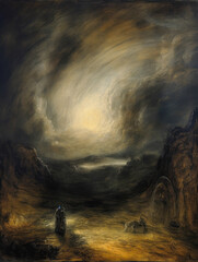 Renaissance Masters Painting Dark, Gloomy Clouds Illuminated with Volumetric Cinematic Lighting AI Generated

