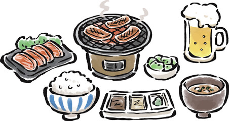 焼肉定食　筆タッチベクターイラスト