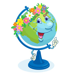 School globe in a flower wreath. Model of Earth with a funny face, hands and emotions. In cartoon style. Isolated on white background. Vector illustration. Happy Earth Day