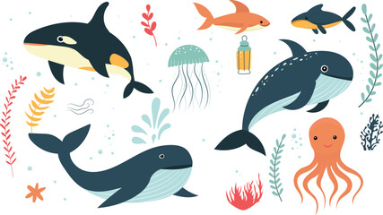 set of marine life on white background in flat style isolated vector