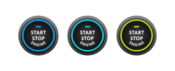 Start stop engine button set. Engine starting and stopping system. Switch for motor vehicles. Vector illustration
