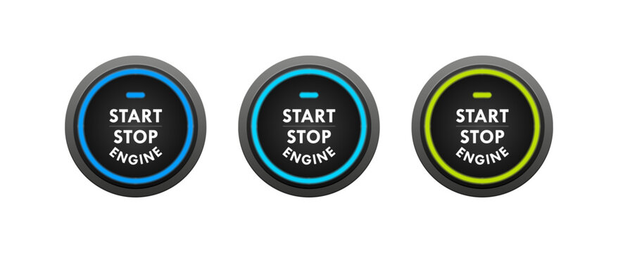 Start stop engine button set. Engine starting and stopping system. Switch for motor vehicles. Vector illustration