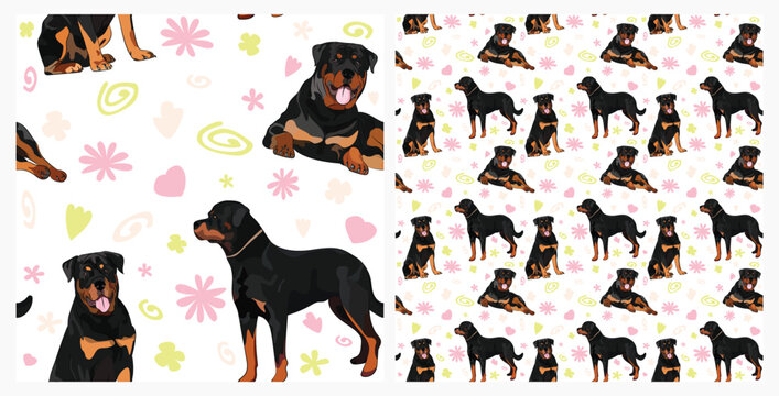 Spring pattern with spirals, leaf, flowers, Rottweiler dogs. Pastel colors. Elegant, soft seamless background, abstract summer pattern with hand-drawn colorful shapes. Delicate, gender-neutral, child.