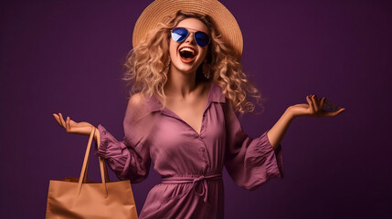 Photo of amazed pretty optimistic brunette young lady do shopping wear glasses  cap coat isolated on purple color background. Generative AI.