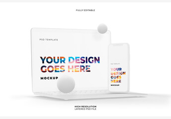 Vertical Front View White Smartphones and White Clay Laptop on White Background