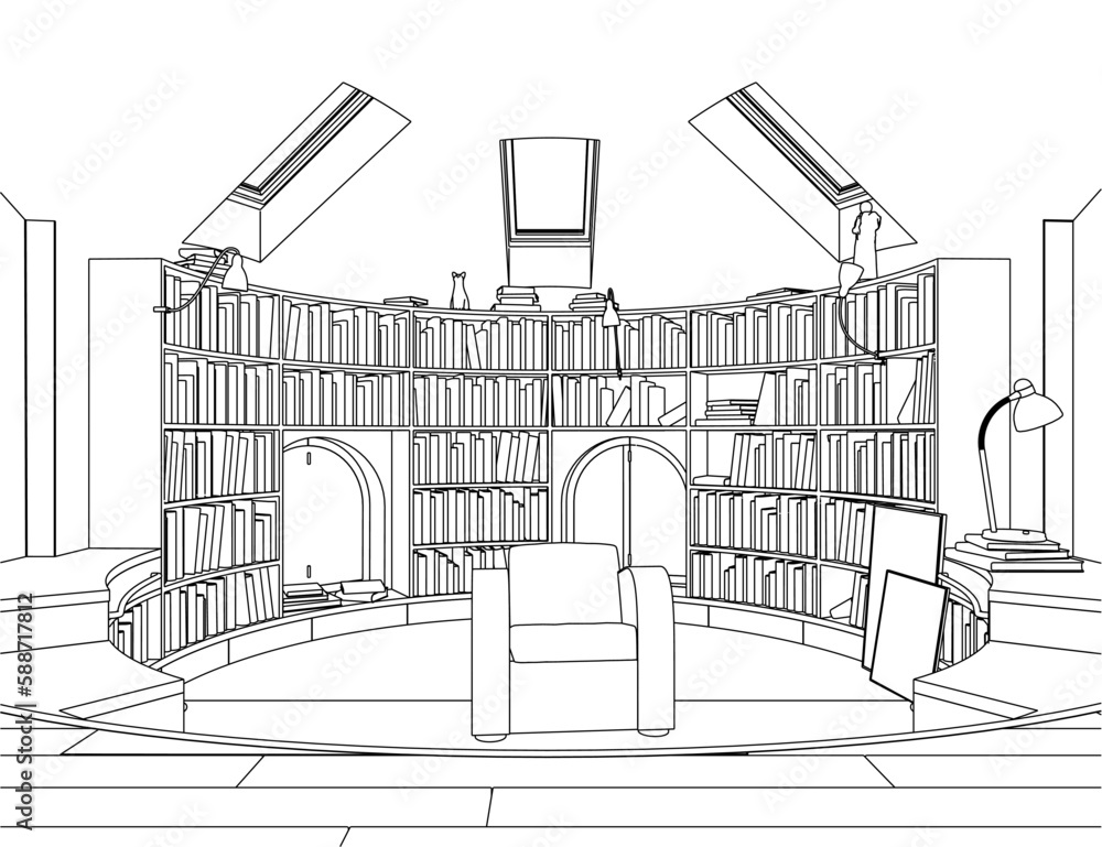 Poster outline of a library with a lot of books with an armchair from black lines isolated on a white backg