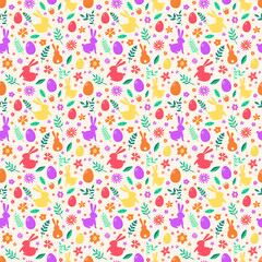 Seamless pattern with bunny, coloured egg and flowers. Easter background. Vector illustration